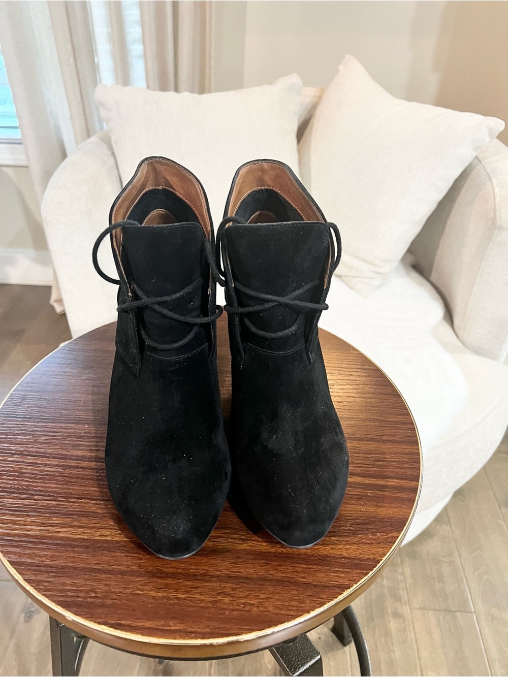 L’Amour Des Pieds Black Suede Lace-Up Heeled Ankle Booties Size 9.5